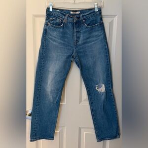 Levi’s Wedgie High Rise Straight Cotton Jeans, Blue Distressed, 26